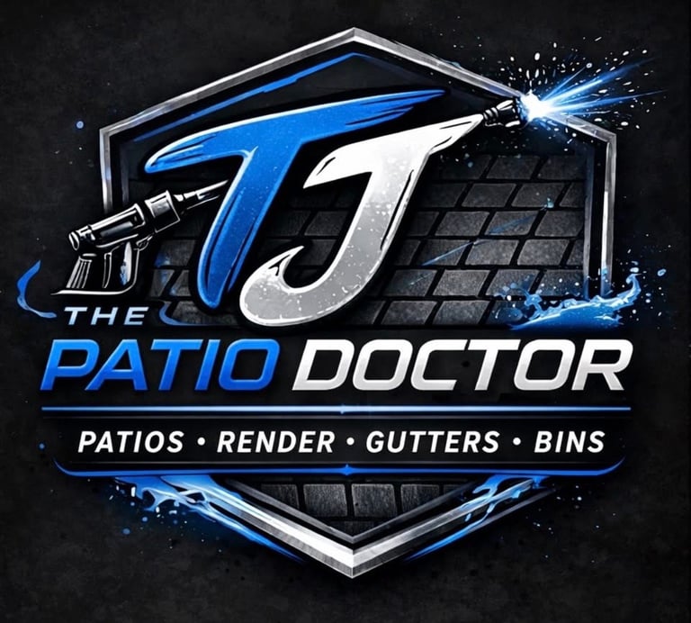 TJ The Patio Doctor - Blue and silver letters with pressure washer graphic