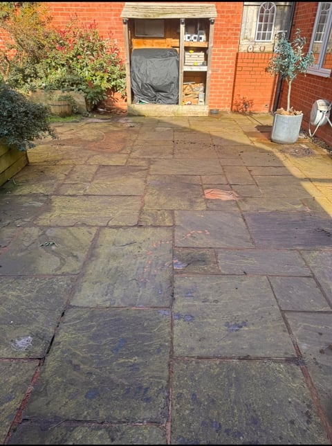 Weathered brick patio with moss and algae stains before cleaning
